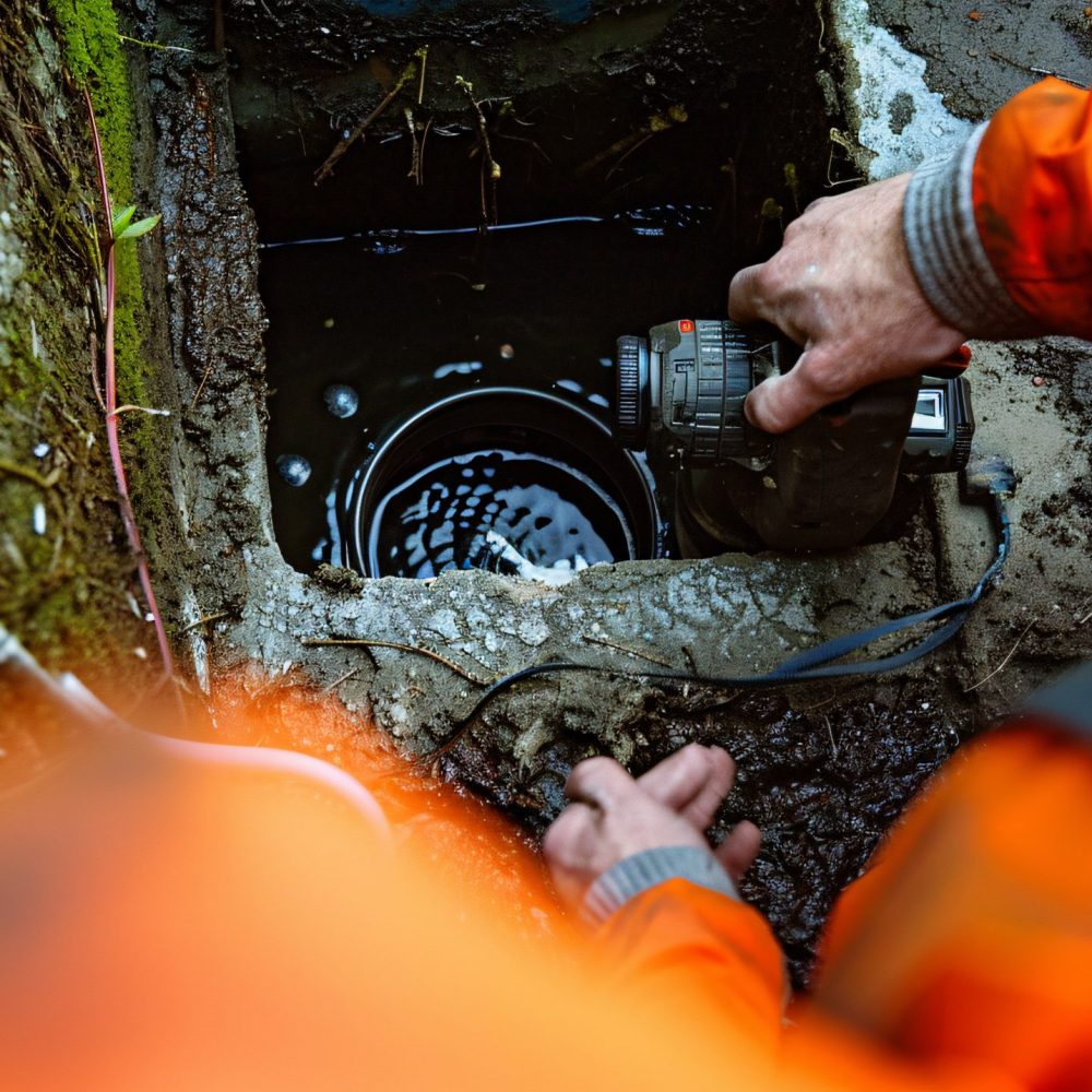 A drain maintenance business inspects a clogged drain using a camera and then clears it.