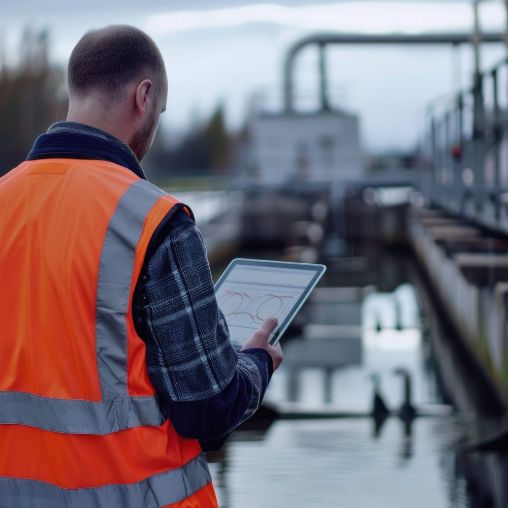Environmental engineer in a reflective vest inspecting a wastewater treatment plant with a digital tablet, high detail, 8k --ar 3:2 Job ID: 9233effc-2b4e-4984-a9fe-001ad53003c5