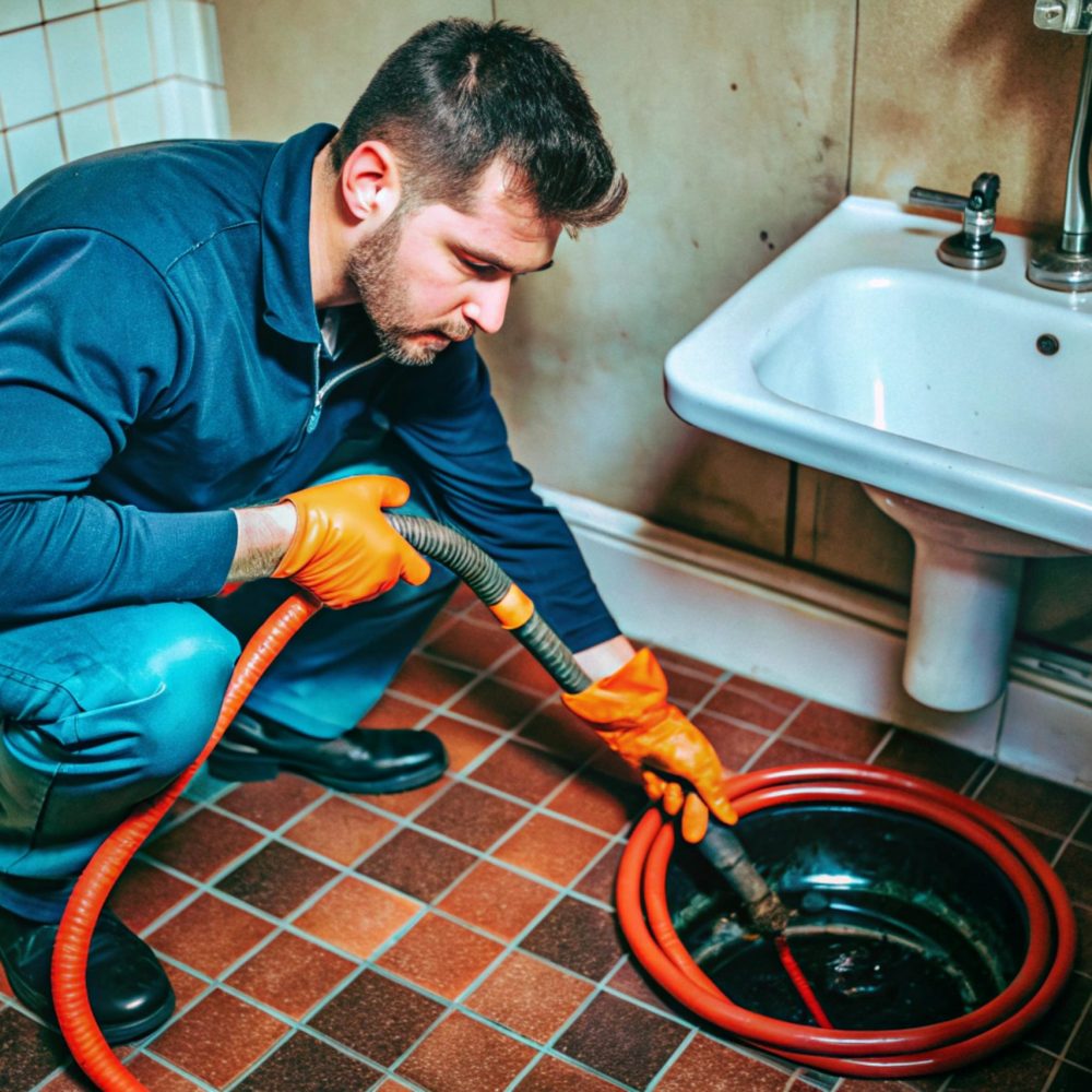 Technician Unclogging Drain with Snake or Plunger