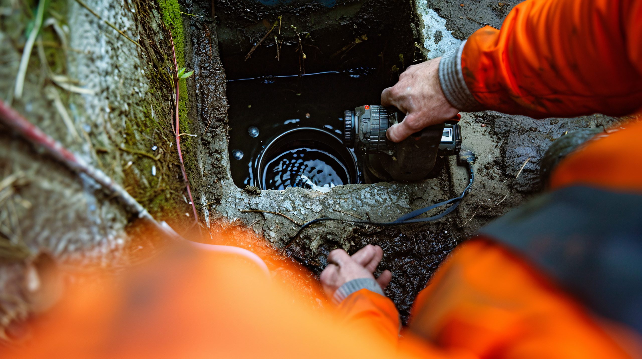 A drain maintenance business inspects a clogged drain using a camera and then clears it.