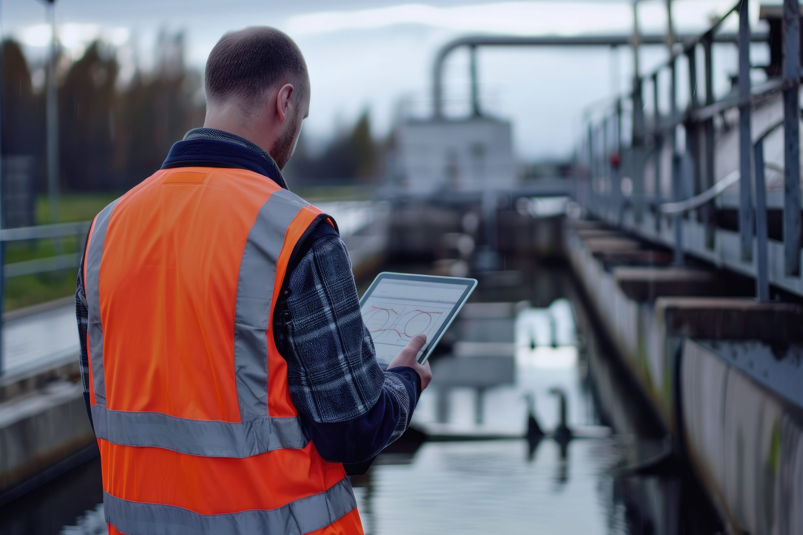 Environmental engineer in a reflective vest inspecting a wastewater treatment plant with a digital tablet, high detail, 8k --ar 3:2 Job ID: 9233effc-2b4e-4984-a9fe-001ad53003c5